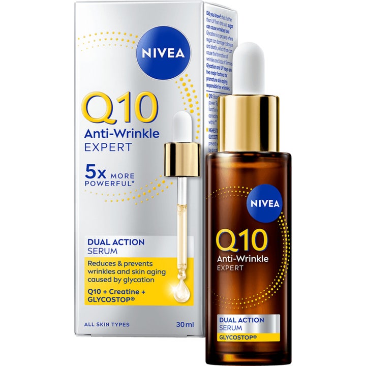 Nivea Q10 Anti-Wrinkle Expert 30 ml rynkereduserende serum i brun glassflaske med gullfarget pipette og eske