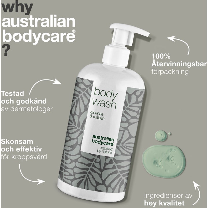 Australian Bodycare Body Wash 500 ml rensende dusjsåpe i hvit pumpeflaske med lysegrønn geltekstur.