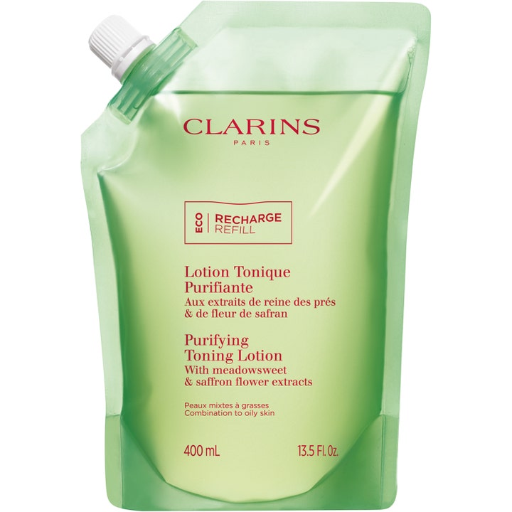 Clarins Purifying Toning Lotion 400 ml rensende ansiktstoner som gir klar hud i en grønn refillpose med hvit kork.
