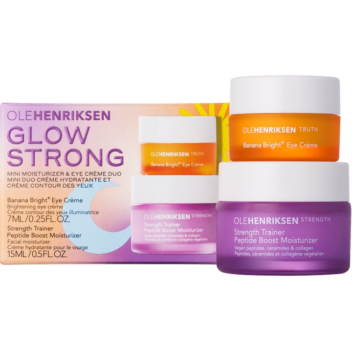 Ole Henriksen Glow Strong 22 ml hudpleiesett med lilla og oransje krukker som gir glød og styrker huden