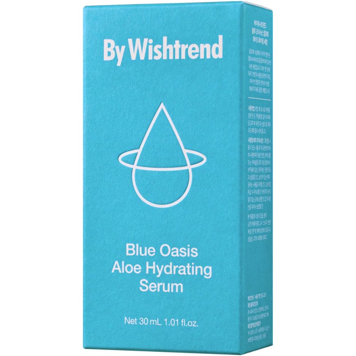 By Wishtrend Blue Oasis Aloe Hydrating Serum 30 ml fuktighetsgivende ampulle i turkis eske med aloe vera.