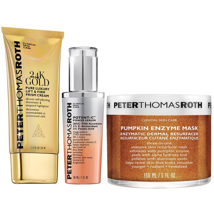 Peter Thomas Roth Glow Trio 50 ml 30 ml og 150 ml gir glød i gulltube sølvflaske og krukke med oransje maske