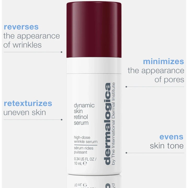 Dermalogica Dynamic Skin Retinol Serum 10 ml ansiktsserum som reduserer rynker i hvit flaske med vinrødt lokk