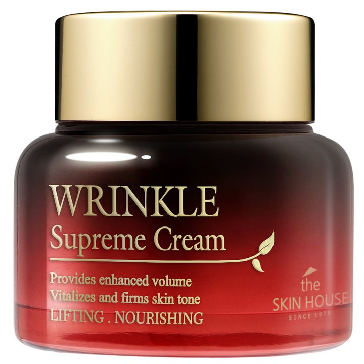 The Skin House Wrinkle Supreme Cream 50 ml oppstrammende ansiktskrem mot rynker i mørkerød glasskrukke med gullokk