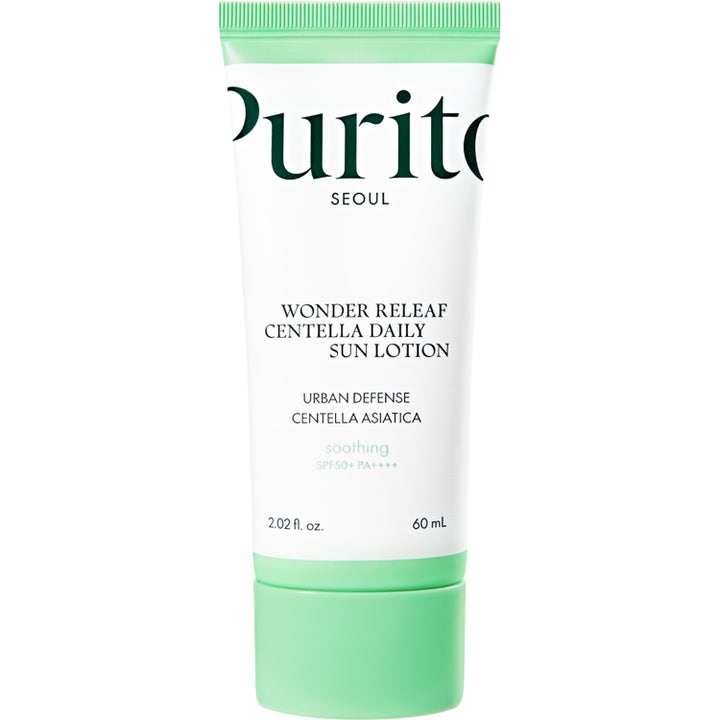 Purito Seoul Wonder Releaf Centella Daily Sun Lotion 60 ml beroligende solkrem i hvit tube med mintgrønn kork