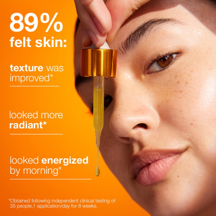 Dermalogica Biolumin-C Night Restore 25 ml vitamin c serum gir glød vist med pipette og tekst om hudforbedring