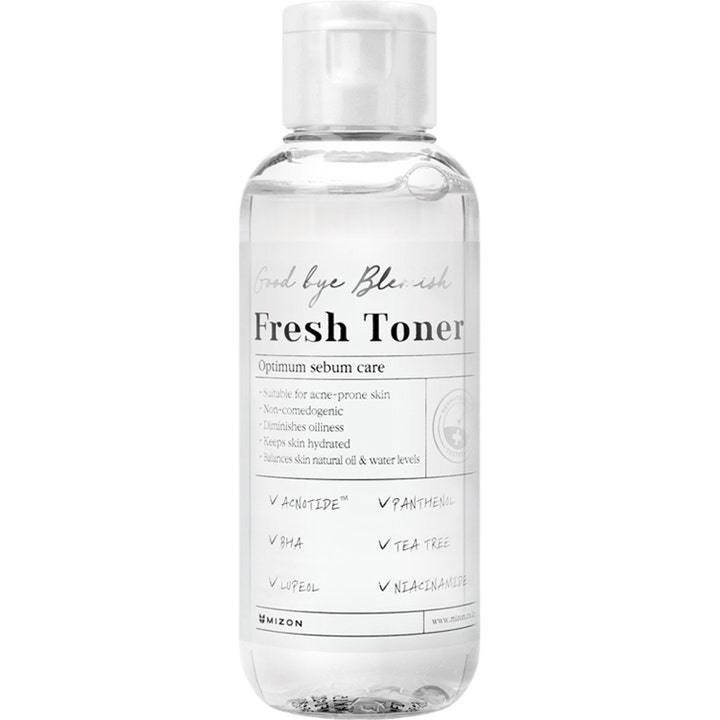 Mizon Good Bye Blemish Fresh Toner 120ml balanserende toner mot urenheter i klar plastflaske med hvit etikett og kork