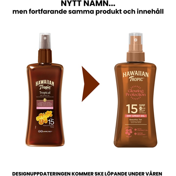 Hawaiian Tropic Glowing Protection Dry Spray Oil 200 ml solkrem viser oppdatert design på de brune sprayflaskene.