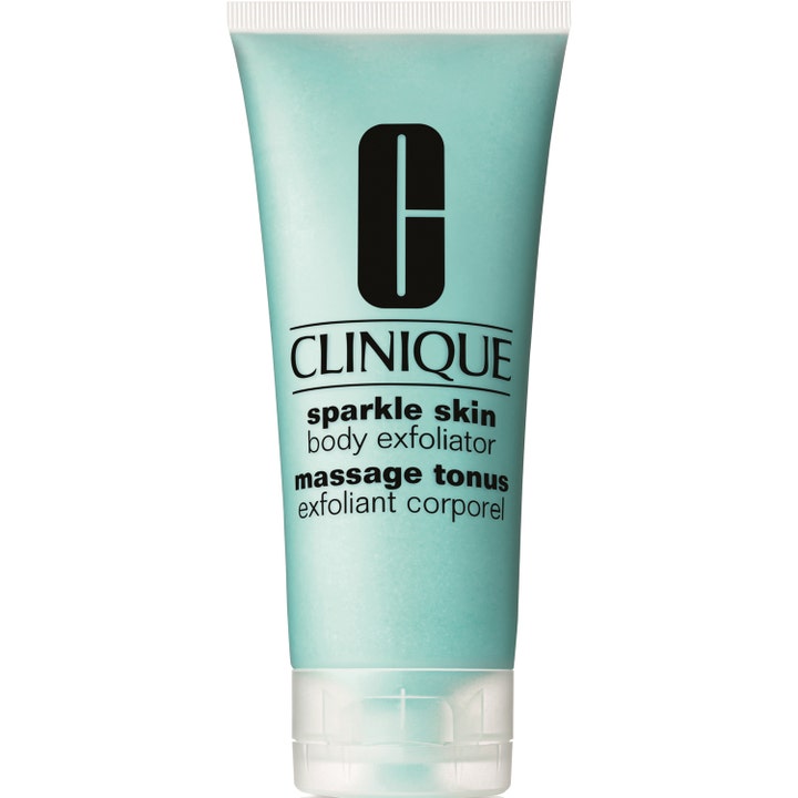 Clinique Sparkle Skin Body Exfoliator 200 ml eksfolierende kroppsskrubb i en lyseblå tube med frostet hvit kork