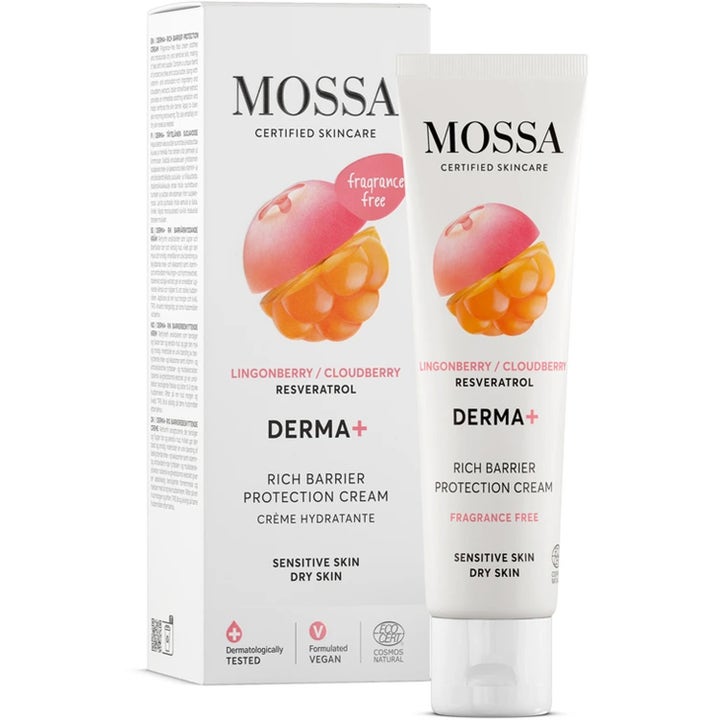 MOSSA Derma+ Rich Barrier Protection Cream ansiktskrem for tørr hud i hvit tube og eske med bærillustrasjon