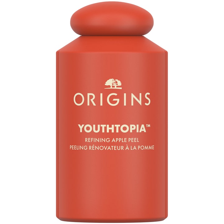 Origins Youthtopia Refining Apple Peel fornyende peeling i en matt rød sylindrisk flaske med matchende rund kork
