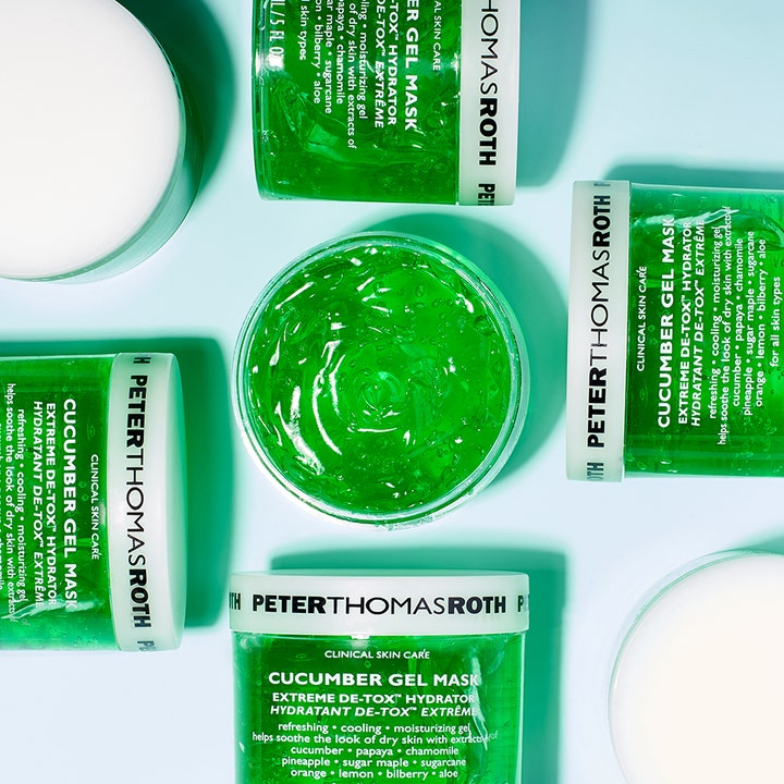 Peter Thomas Roth Cucumber De-Tox Gel Mask 150 ml ansiktsmaske med grønn tekstur sett ovenfra i krukker