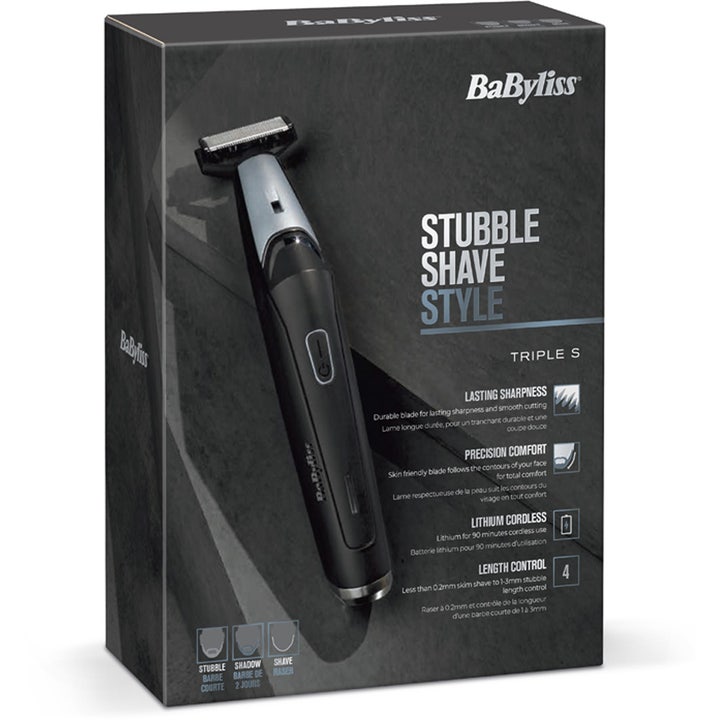 BaByliss Triple S Beard Trimmer 1 stk skjeggtrimmer for presis styling i sort eske med produktinformasjon