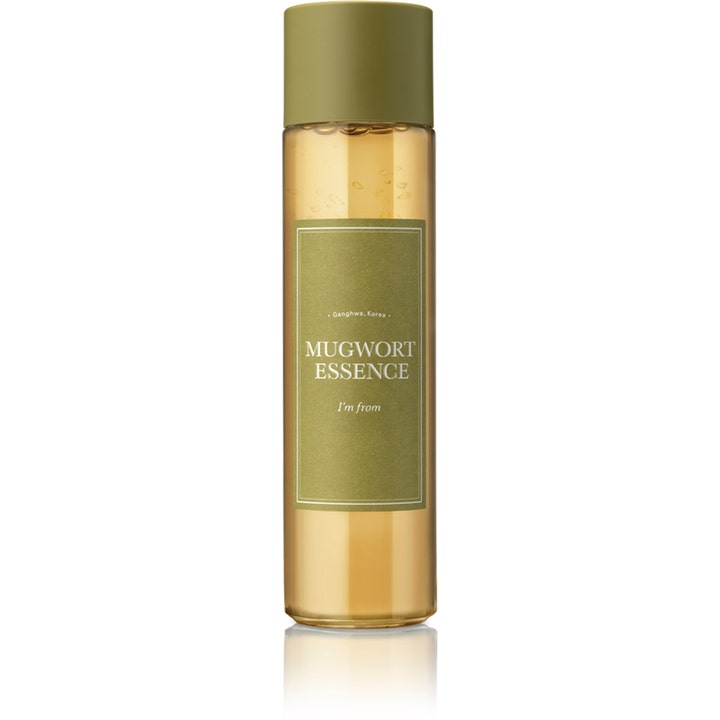 I'm from Mugwort Essence 160 ml beroligende ansiktstoner i klar flaske med mosegrønn kork og gyllen væske.