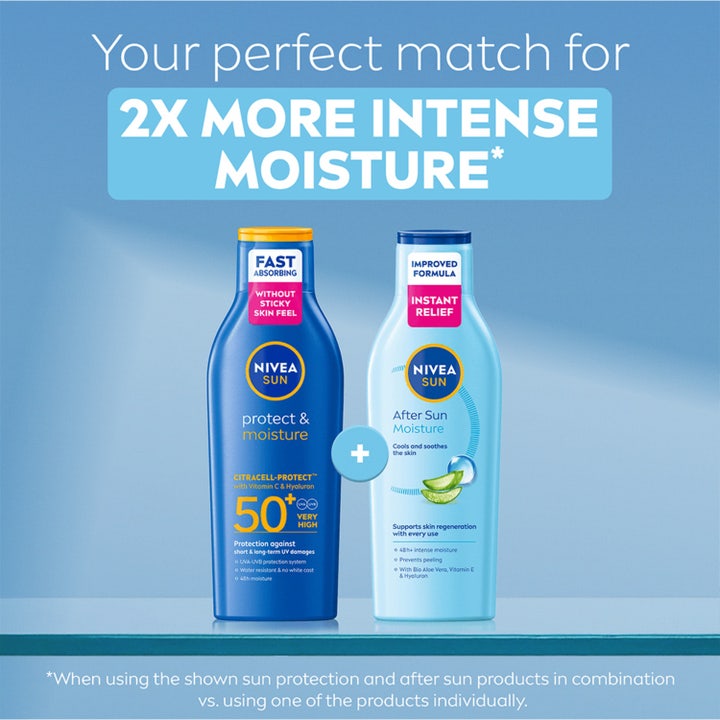 NIVEA After Sun Moisture Lotion 200 ml og solkrem i blå flasker som gir intens fuktighet til huden