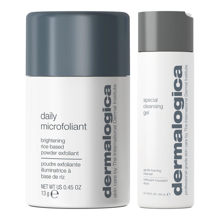 Dermalogica Special Cleansing Gel og Daily Microfoliant duo for ren hud i to hvite flasker med grå lokk