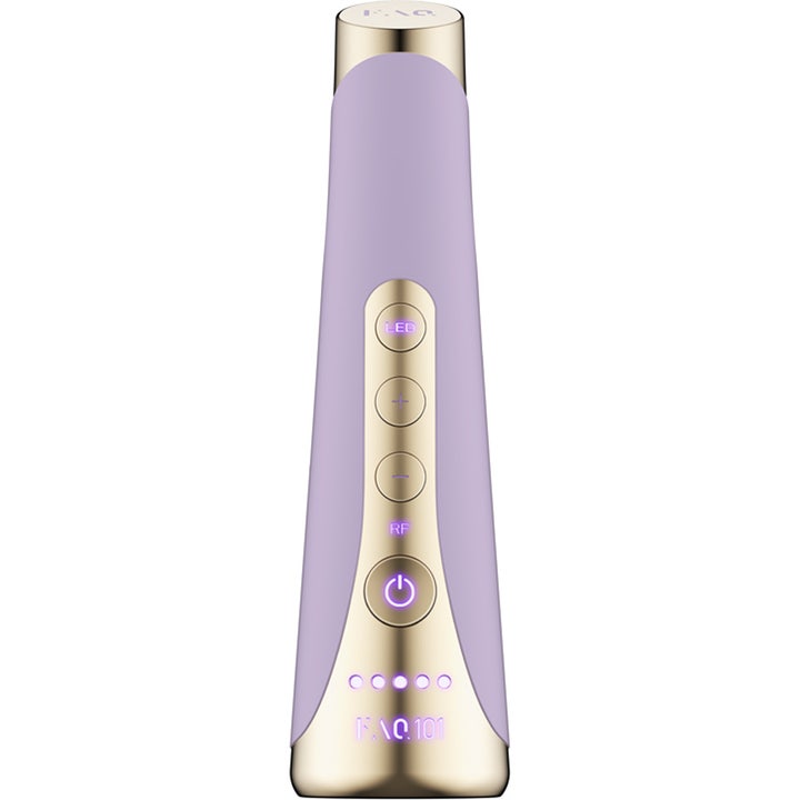 FAQ 101 ansiktsapparat for anti-aging i lilla silikon med gullknapper som strammer opp huden.