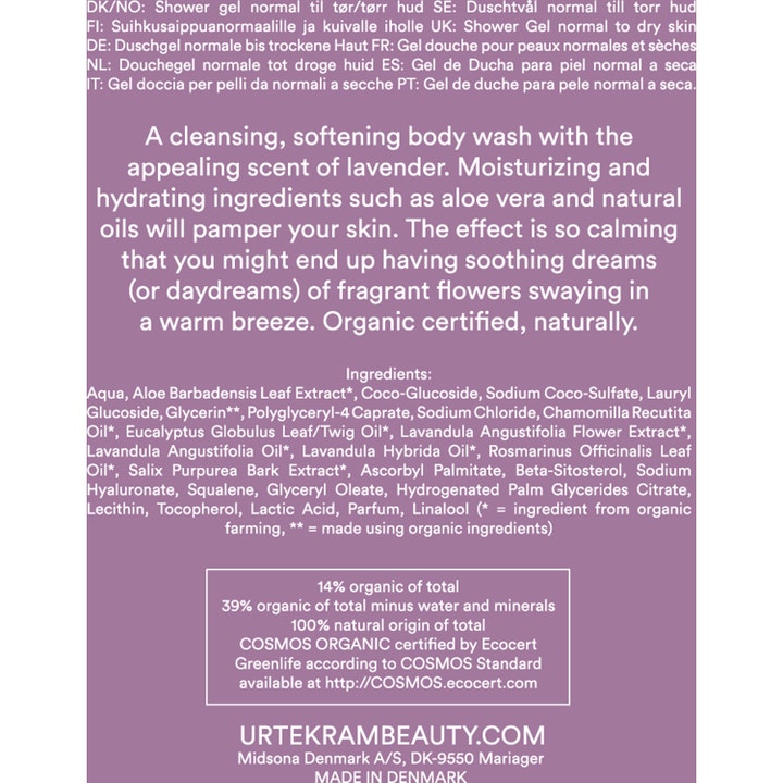 Urtekram Body Wash Soothing Lavender 200 ml fuktighetsgivende dusjsåpe med ingrediensliste på lilla bakside