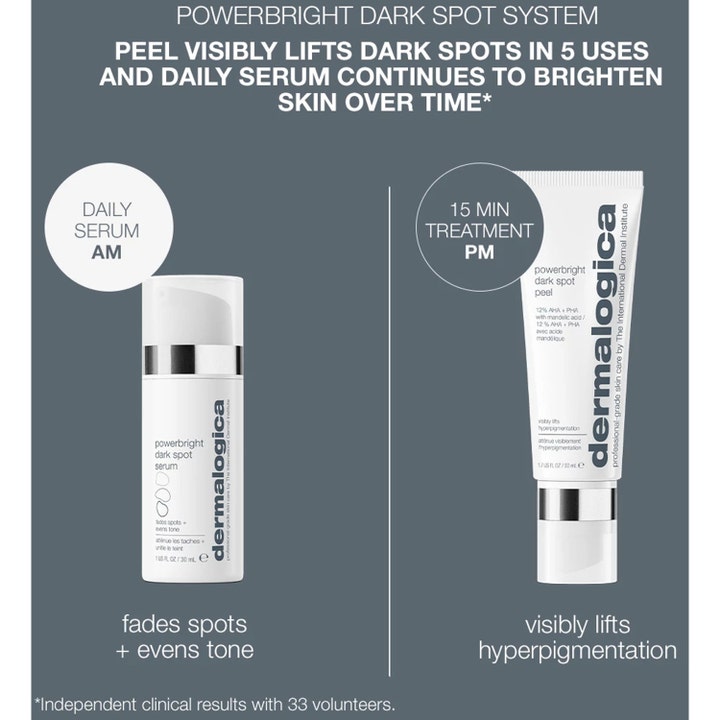 Dermalogica PowerBright Dark Spot System med serum og peel mot pigmentflekker på grå bakgrunn