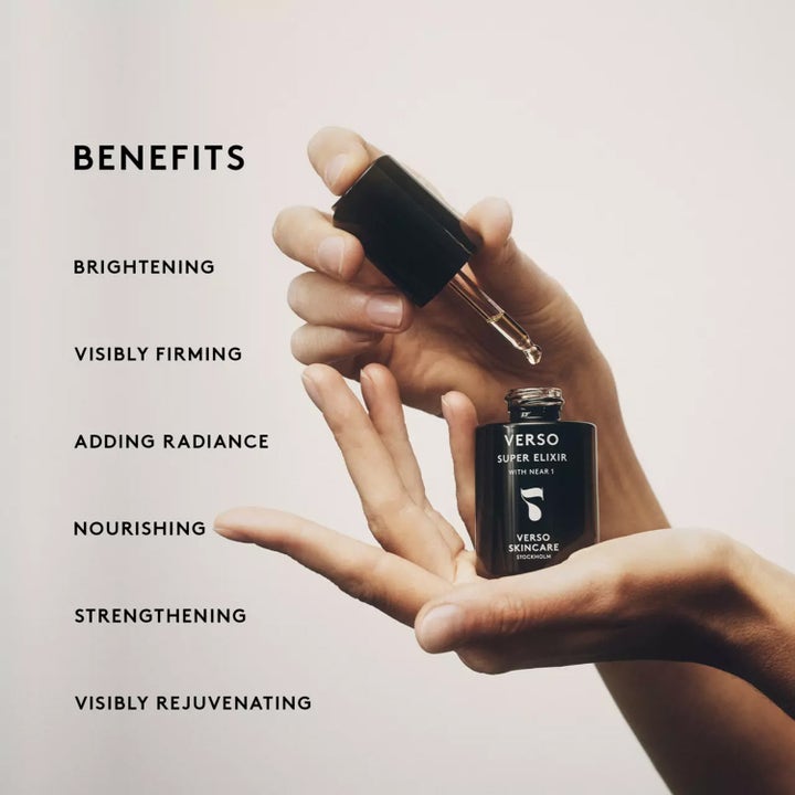 Verso Super Elixir 30 ml ansiktsolje i mørk glassflaske med pipette som gir glød og virker foryngende