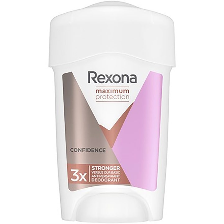 Rexona Maximum Protection Confidence antiperspirant stick gir trippel beskyttelse i hvit beholder med rosa detaljer.