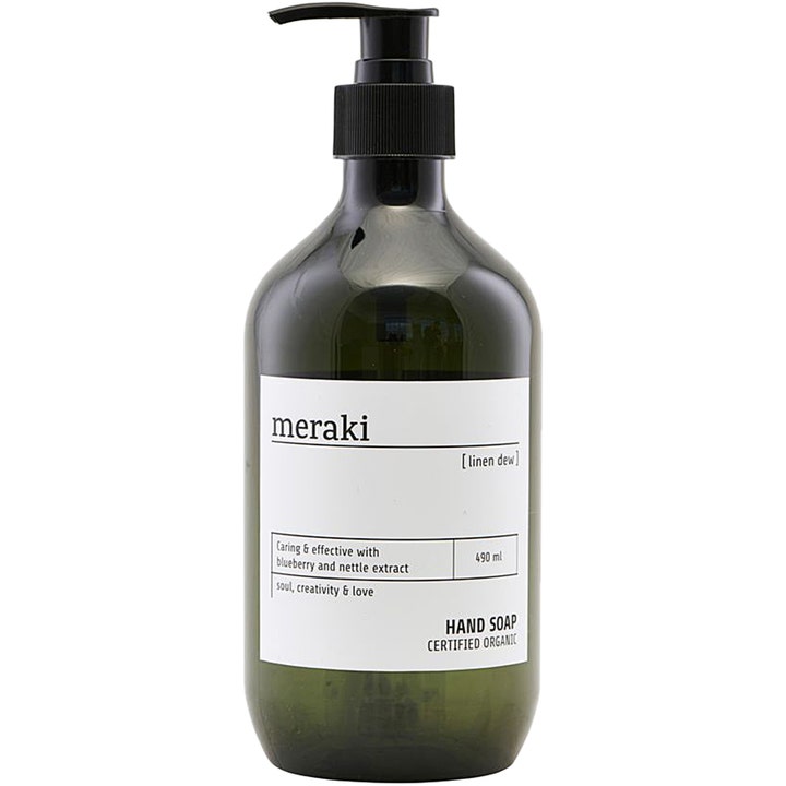 Meraki Linen Dew 490 ml pleiende håndsåpe i mørkegrønn flaske med sort pumpe og hvit etikett