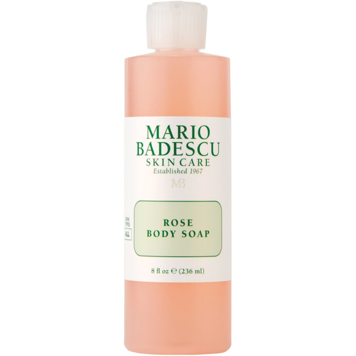 Mario Badescu Rose Body Soap 236 ml rensende kroppssåpe i klar plastflaske med ferskenfarget væske og hvit etikett.