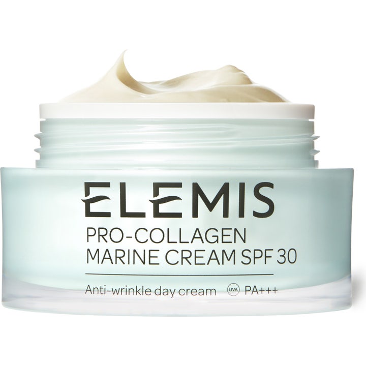 Elemis Pro-Collagen Marine Cream SPF 30 dagkrem mot rynker i lyseblå krukke med fyldig hvit kremtekstur