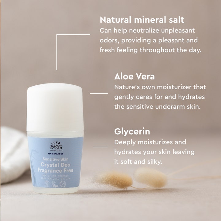 Urtekram Deodorant Fragrance Free 50 ml parfymefri roll-on med tekst om mineralsalt, aloe vera og glyserin.