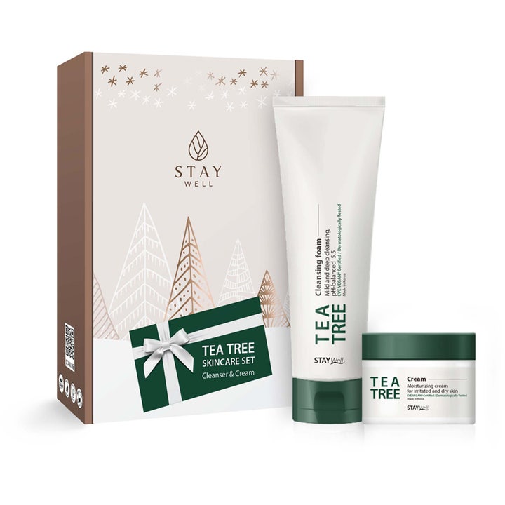 Stay Well Tea Tree Skincare Set beroligende hudpleie med rens og ansiktskrem i hvit tube og krukke med gaveeske