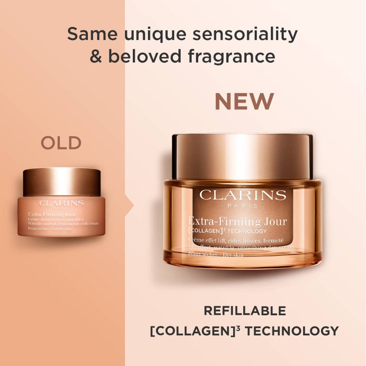 Clarins Extra-Firming Jour 50 ml dagkrem med lift-effekt i ny refillbar glasskrukke med bronsefarget lokk