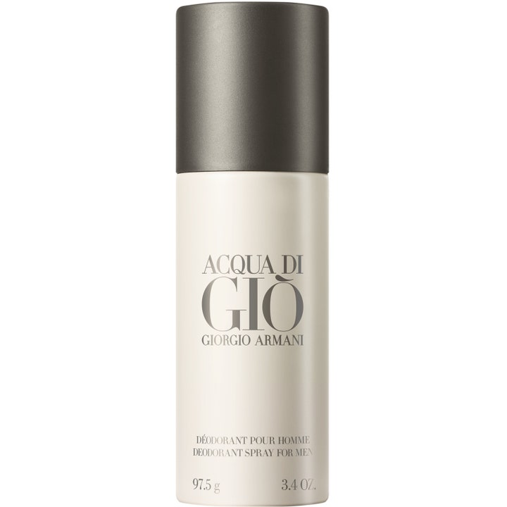 Giorgio Armani Acqua di Giò 97,5 g deodorant spray for menn gir friskhet i en hvit boks med matt grått lokk.