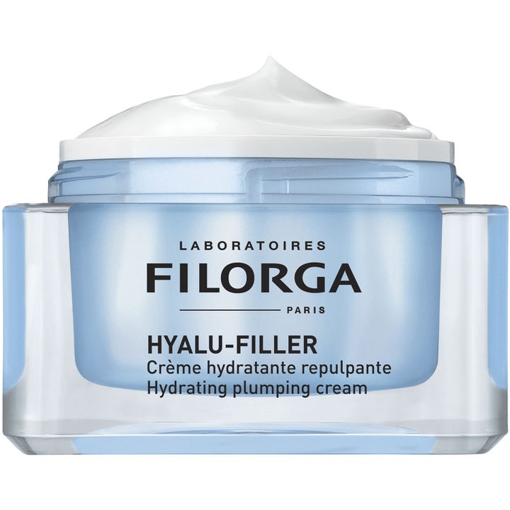 Filorga Hyalu-Filler Cream 50 ml fuktighetsgivende dagkrem i lyseblå krukke med hvit fyldig tekstur