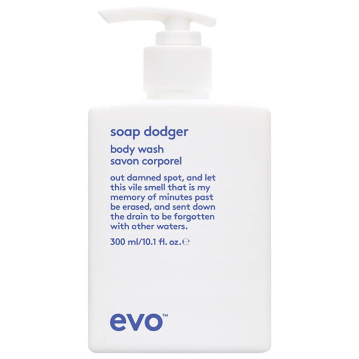 Evo Soap Dodger 300 ml rensende kroppsvask i hvit firkantet plastflaske med hvit pumpe og blå tekst