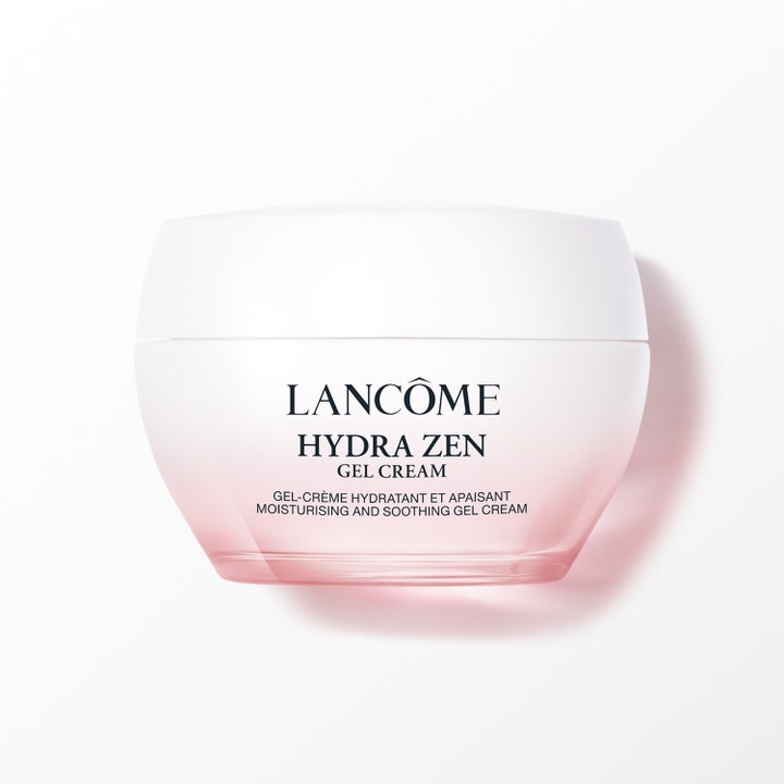 Lancôme Hydra Zen Gel Cream 50ml beroligende ansiktsgel i en hvit og rosa frostet glasskrukke med hvitt lokk.