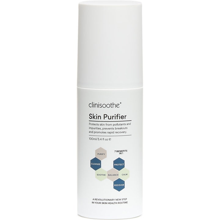 Clinisoothe+ Skin Purifier 100ml renser og beskytter huden i en stilren hvit sprayflaske med fargede detaljer.