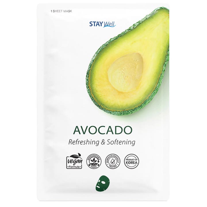 STAY Well Avocado Sheet Mask 1 stk forfriskende ansiktsmaske i hvit sachet dekorert med en stor, delt avokado.