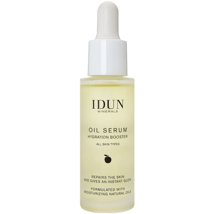 IDUN Minerals Oil Serum Hydration Booster 30 ml pleiende oljeserum i frostet glassflaske med hvit pipette som gir glød