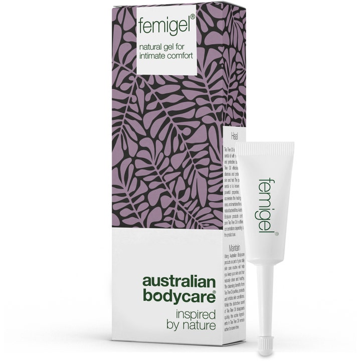 Australian Bodycare Femigel 5 ml intimgele mot tørrhet i hvit tube med lilla mønstret eske.