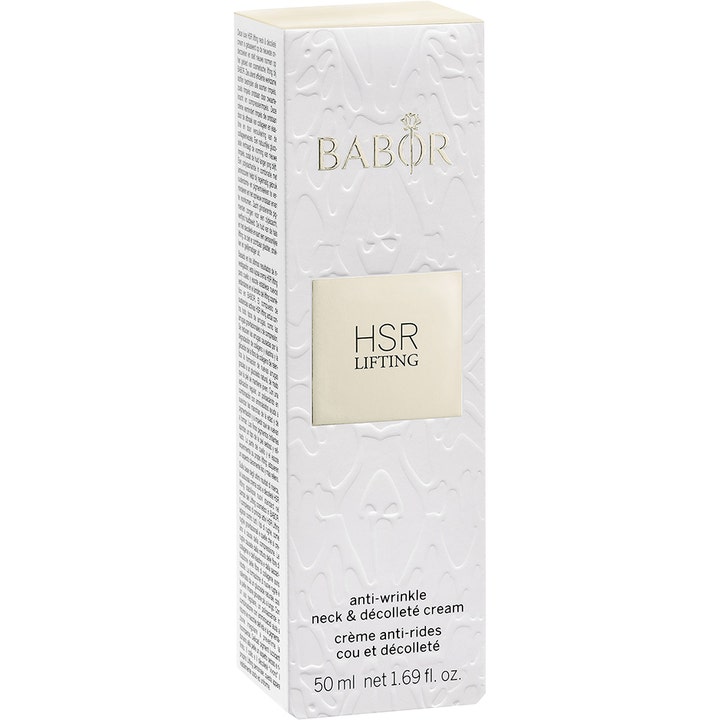 Babor HSR Lifting Neck & Decolleté Cream 50 ml mot rynker i hvit eske med preget mønster og detaljer i gull