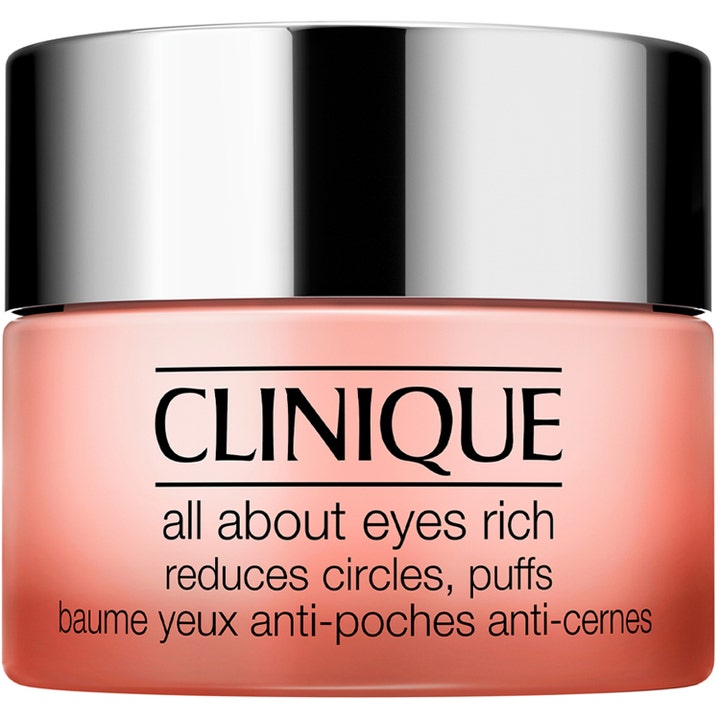 Clinique All About Eyes Rich 15 ml øyebalsam som demper mørke ringer i ferskenfarget glasskrukke med sølvlokk