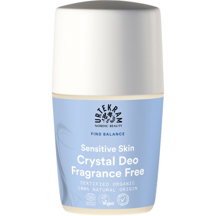 Urtekram Find Balance Sensitive Skin Crystal Deo Fragrance Free parfymefri deodorant i lyseblå flaske med hvit kork.