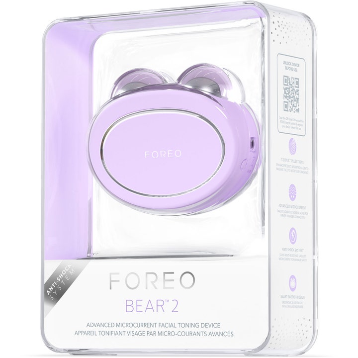 FOREO BEAR 2 Lavender 1 stk beauty tech i gjennomsiktig boks med Anti-Shock System som strammer opp huden