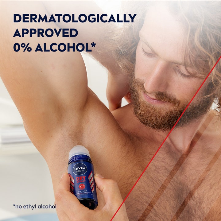 NIVEA Dry Impact Roll On 25 ml herrdeodorant gir 72h beskyttelse og påføres i armhulen, inneholder 0% alkohol.