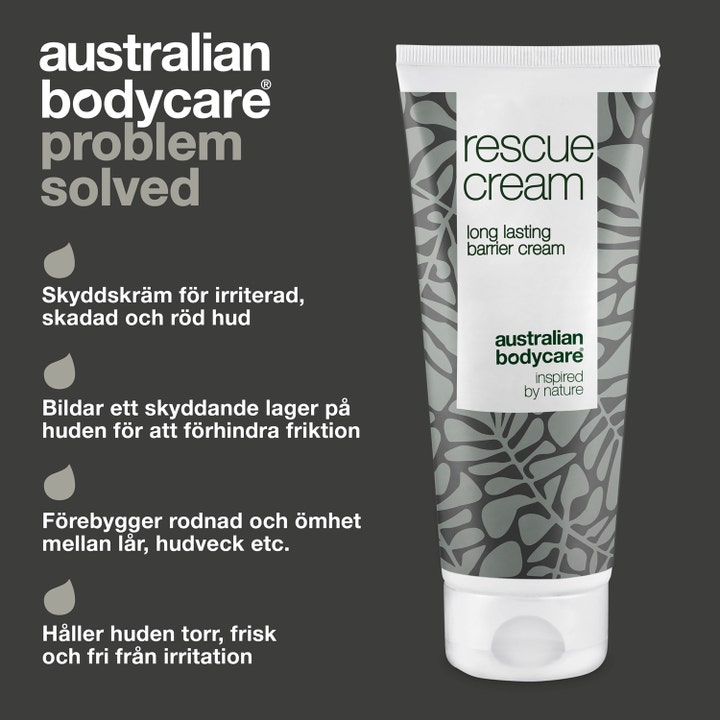 Australian Bodycare Rescue Cream 100 ml barrierekrem mot irritasjon hvit tube med bladmønster og infotekst