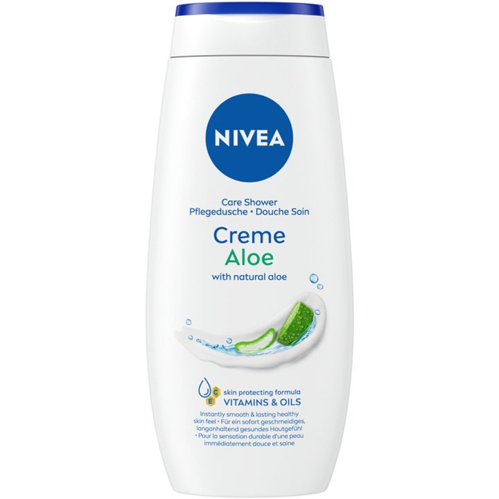 Nivea Creme Aloe Care Shower fuktighetsgivende dusjsåpe i hvit plastflaske med blått lokk og bilde av aloe vera