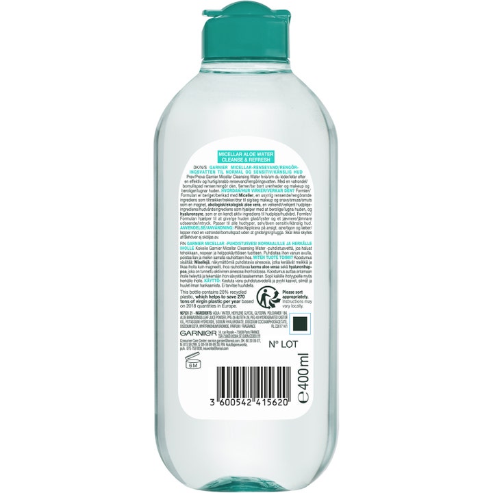 Garnier Micellar Aloe Cleansing Water 400 ml beroligende rengjøringsvann sett bakfra med grønn kork og etikett