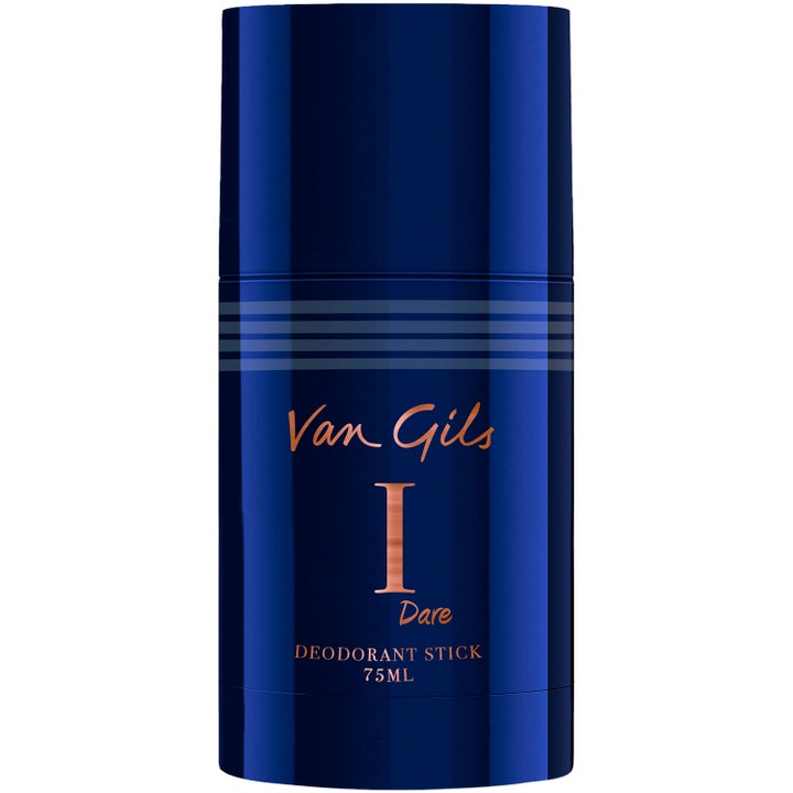 Van Gils I Dare 75 ml deodorantstift gir friskhet i en dyp blå hylse med kobberfarget skrift og striper.