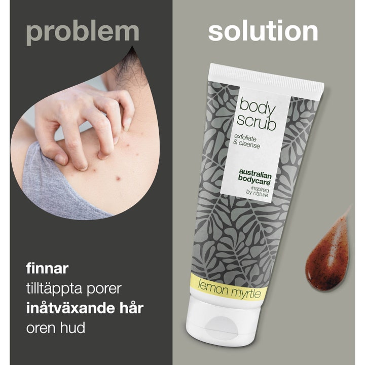 Australian Bodycare Body Scrub Lemon Myrtle 200 ml eksfolierende skrubb mot uren hud i hvit tube med teksturprøve