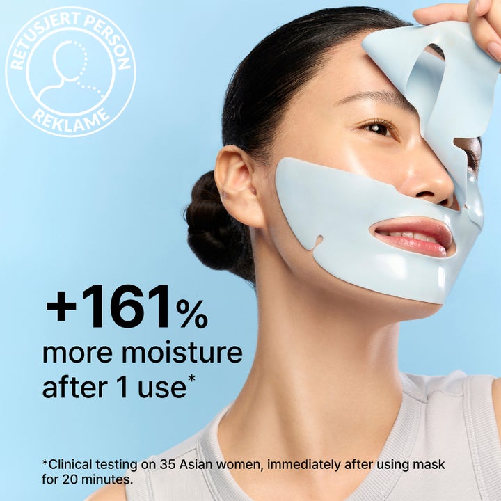Dr.Jart+ Cryo Rubber Moisture Mask 36 g ansiktsmaske på kvinne som viser økt fuktighet etter bruk.